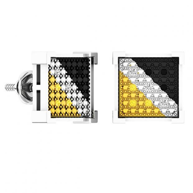 0.07 Carat (ctw) Sterling Silver Black White & Yellow Diamond Mens Hip Hop Iced Stud Earrings