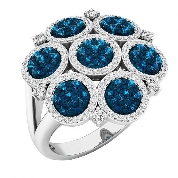 1.30 Carat (ctw) 10K White Gold Round Blue & White Diamond Ladies Cluster Flower Ring
