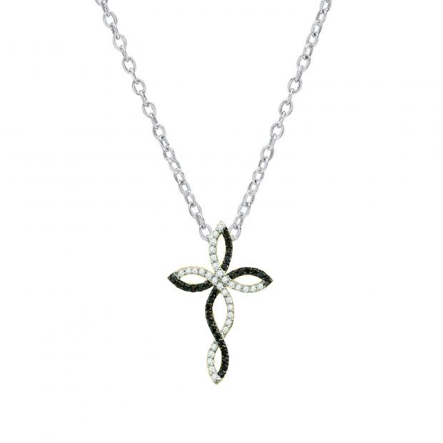 0.30 Carat (ctw) 10K Yellow Gold Round Black & White Diamond Ladies Twist Cross Pendant
