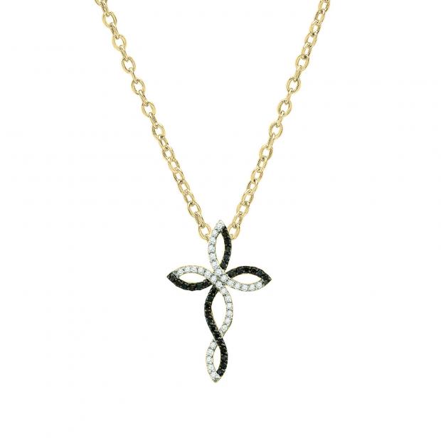 0.30 Carat (ctw) 14K Yellow Gold Round Black & White Diamond Ladies Twist Cross Pendant