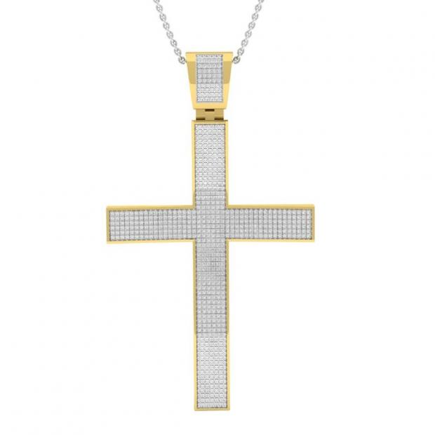 1.00 Carat (ctw) Yellow Plated Sterling Silver Round White Diamond Mens Religious Cross Pendant 1 CT
