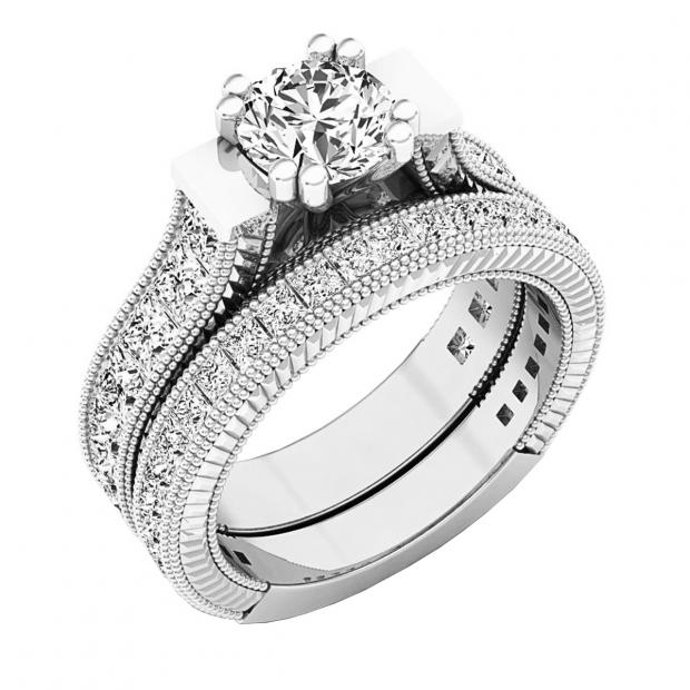 14K White Gold 6 MM Round & Princess White Cubic Zirconia CZ Ladies Bridal Engagement Ring Set