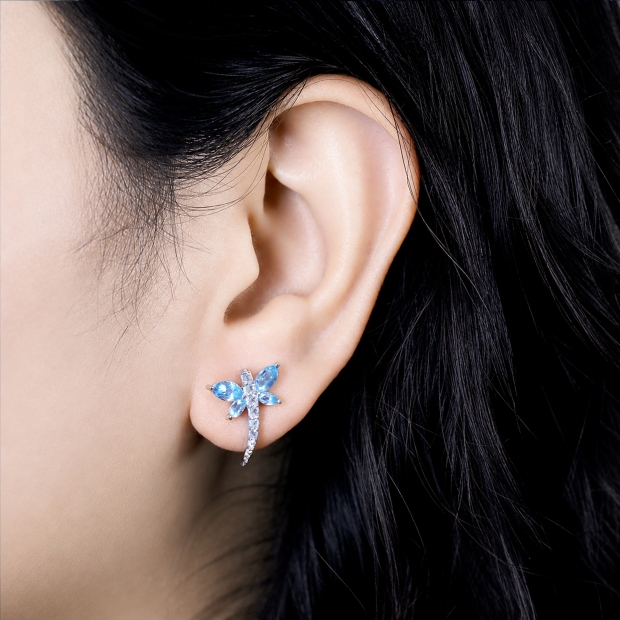 Sterling Silver Marquise & Round Blue & White Topaz Ladies Dragonfly Stud Earrings