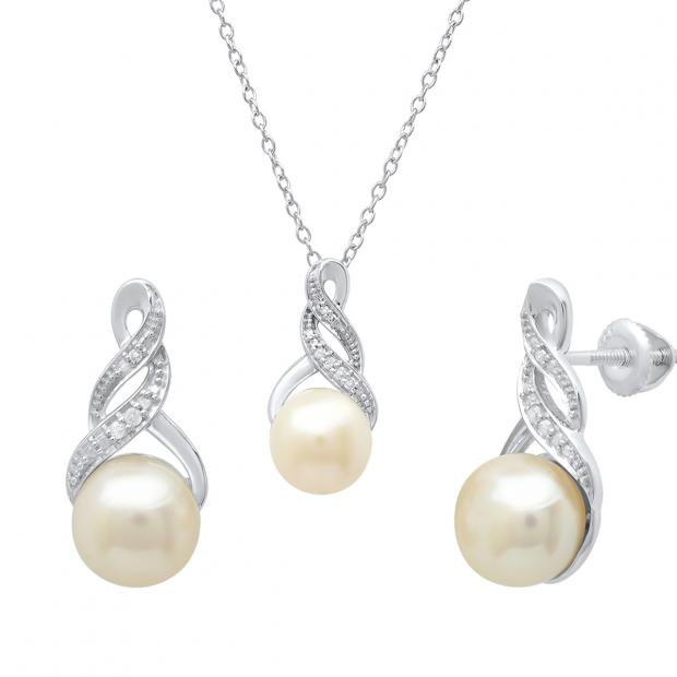 Sterling Silver Round Freshwater Pearl & Diamond Accent Ladies Stud Earring & Pendant Set