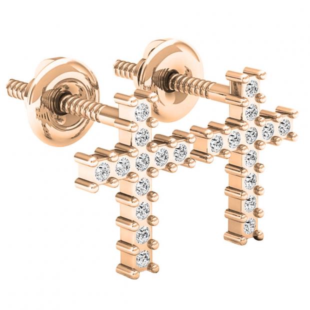 0.10 Carat (ctw) 18K Rose Gold Round White Diamond Ladies Cross Stud Earrings 1/10 CT