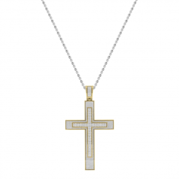 1.45 Carat (ctw) Yellow Plated Sterling Silver Diamond Mens Religious Cross Pendant 1 1/2 CT