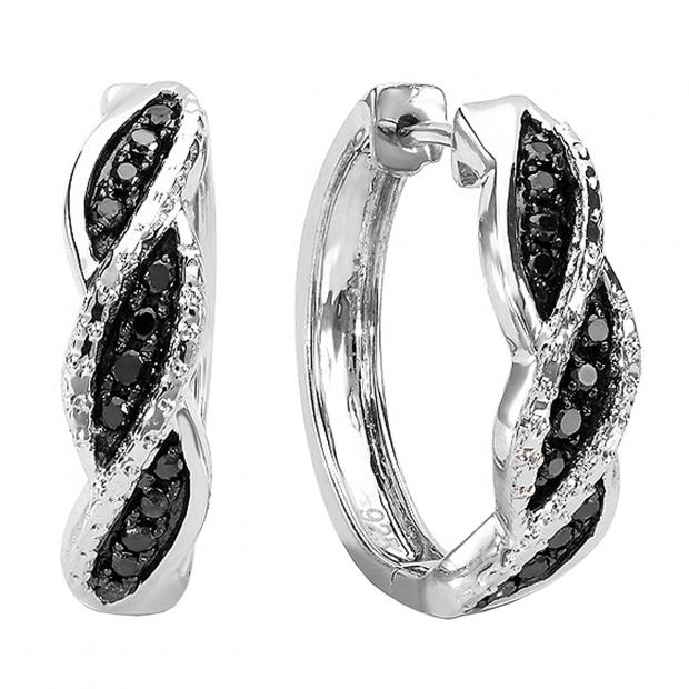 0.25 Carat (ctw) Sterling Silver Round Black Diamond Hoop Earrings 1/4 CT