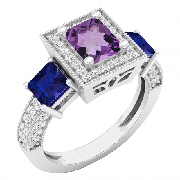 18K White Gold 6X5 MM Cushion Amethyst & Princess Blue Sapphire & Round Diamond 3 Stone Ring