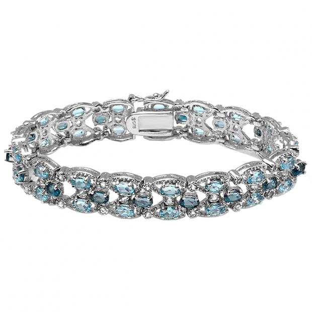 Sterling Silver Round & Oval White & Blue Topaz Ladies Tennis Bracelet