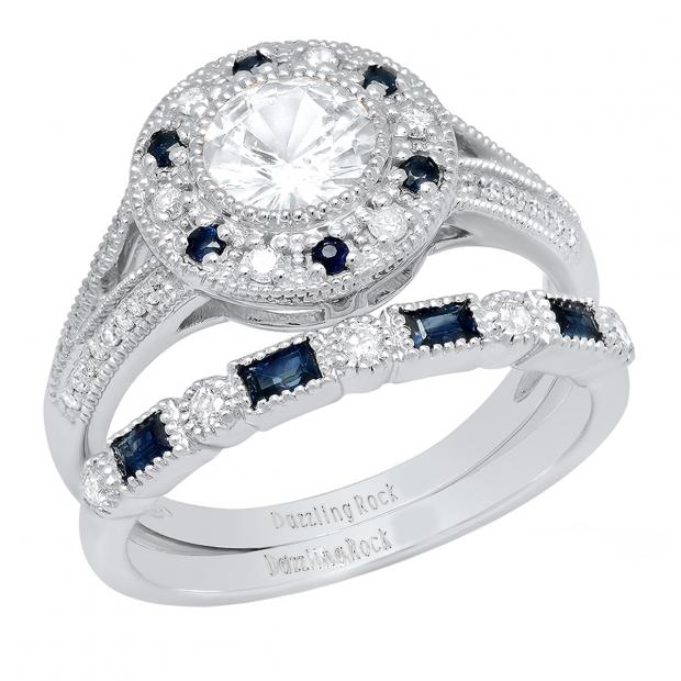 10K White Gold 6 MM Round White SapphireRound & Baguette Blue Sapphire & Diamond Ladies Ring Set