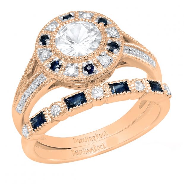 18K Rose Gold 6 MM Round White SapphireRound & Baguette Blue Sapphire & Diamond Ladies Ring Set