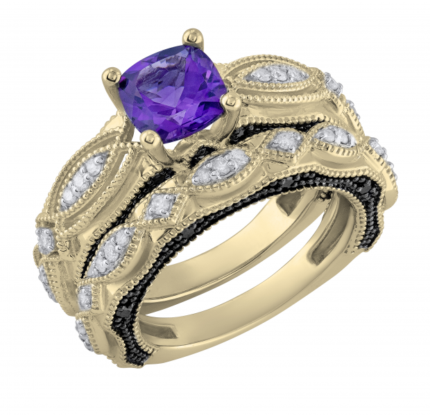 14K Yellow Gold 7 MM Cushion Amethyst Round Black & White Diamond Ladies Engagement Ring Set