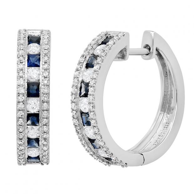 10K White Gold Princess Blue Sapphire & Round White Diamond Ladies Fashion Hoop Earrings