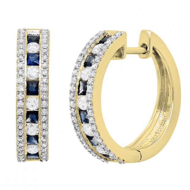 18K Yellow Gold Princess Blue Sapphire & Round White Diamond Ladies Fashion Hoop Earrings