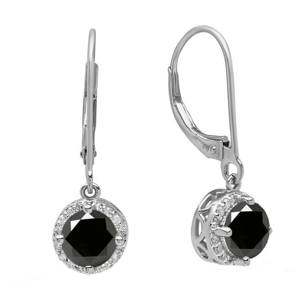 14K White Gold 5 MM Each Round Black Sapphire & Diamond Ladies Halo Style Dangling Drop Earrings
