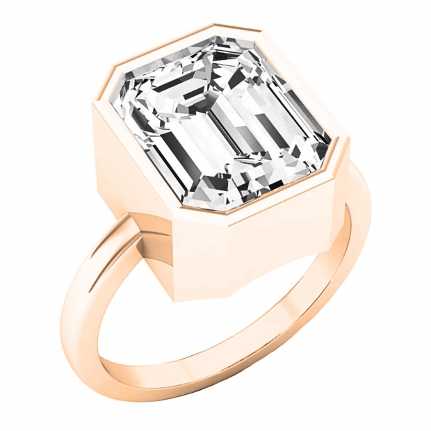 18K Rose Gold 11X9 MM Emerald White Topaz Ladies Bezel Set Solitaire Engagement Ring