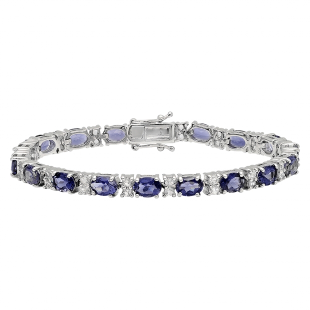 Sterling Silver Oval Iolite & Round White Topaz Ladies Tennis Bracelet