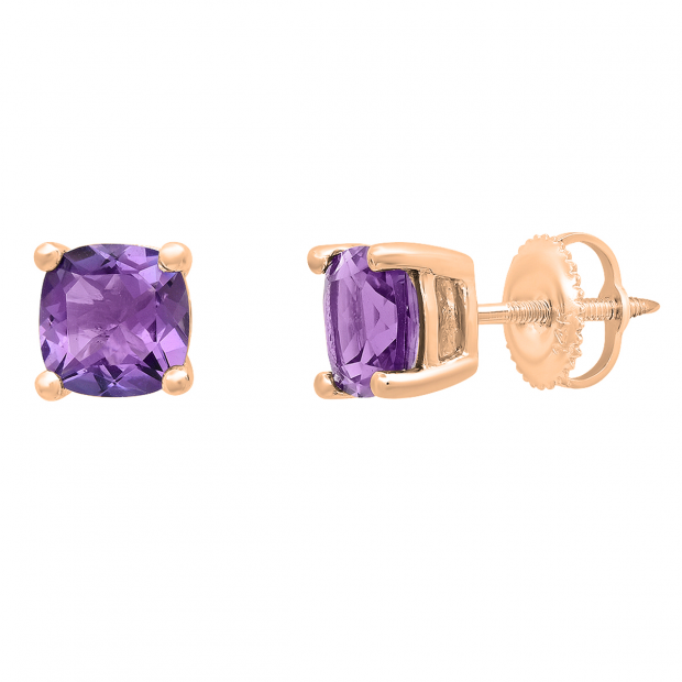 10K Rose Gold 6 MM Each Cushion Amethyst Ladies Solitaire Stud Earrings