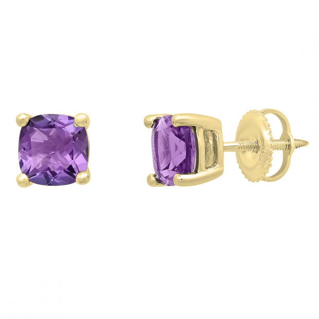 14K Yellow Gold 6 MM Each Cushion Amethyst Ladies Solitaire Stud Earrings