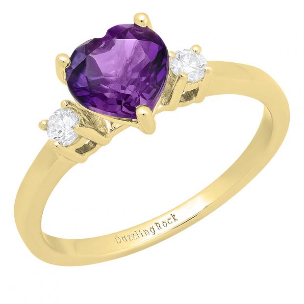 10K Yellow Gold 7 MM Heart Amethyst & Round White Diamond Ladies Bridal 3 Stone Engagement Ring