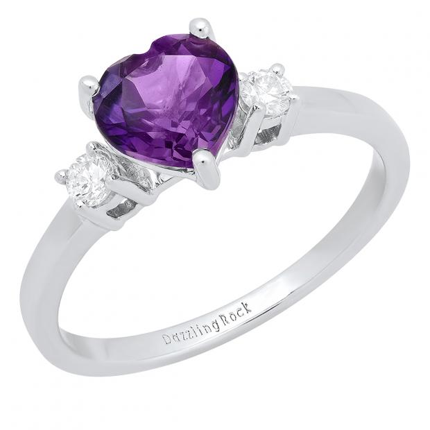 14K White Gold 7 MM Heart Amethyst & Round White Diamond Ladies Bridal 3 Stone Engagement Ring