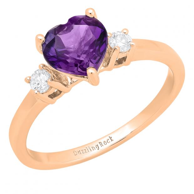 18K Rose Gold 7 MM Heart Amethyst & Round White Diamond Ladies Bridal 3 Stone Engagement Ring