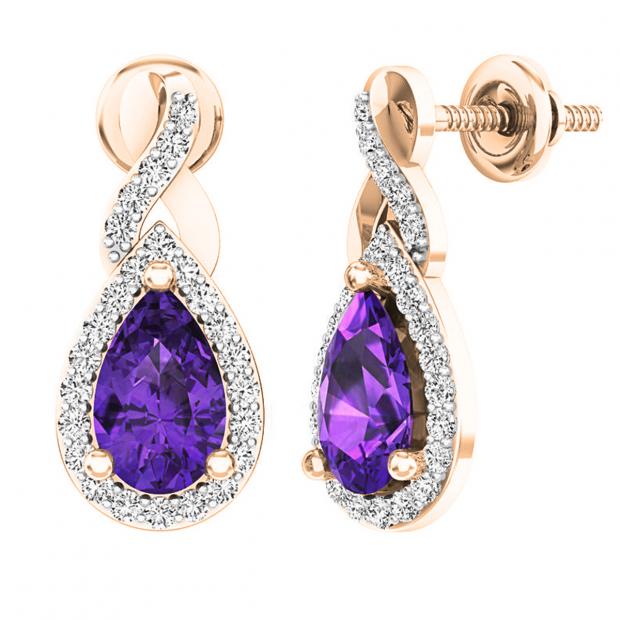 10K Rose Gold 8X5 MM Each Pear Amethyst & Round White Diamond Ladies Infinity Drop Earrings