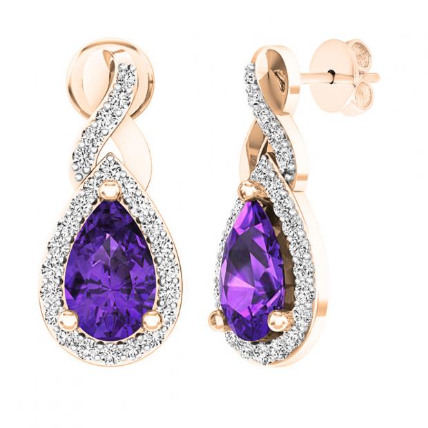 14K Rose Gold 8X5 MM Each Pear Amethyst & Round White Diamond Ladies Infinity Drop Earrings