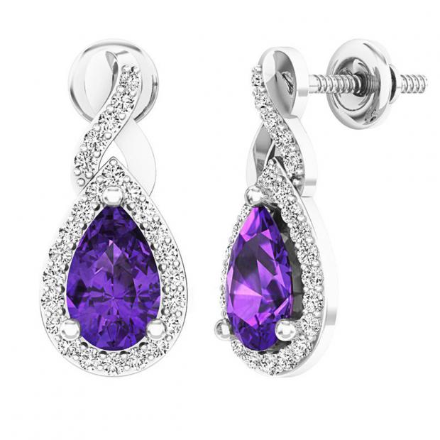 14K White Gold 8X5 MM Each Pear Amethyst & Round White Diamond Ladies Infinity Drop Earrings