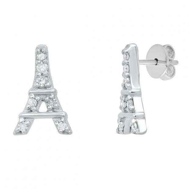 Round White Diamond Eiffel Tower Stud Earrings for Women (0.10 ctw, Color I-J, Clarity I2-I3) in 925 Sterling Silver in Push Back