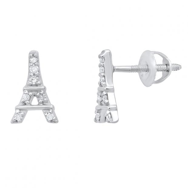 Round White Diamond Eiffel Tower Stud Earrings for Women (0.10 ctw, Color I-J, Clarity I2-I3) in 925 Sterling Silver in Screw Back