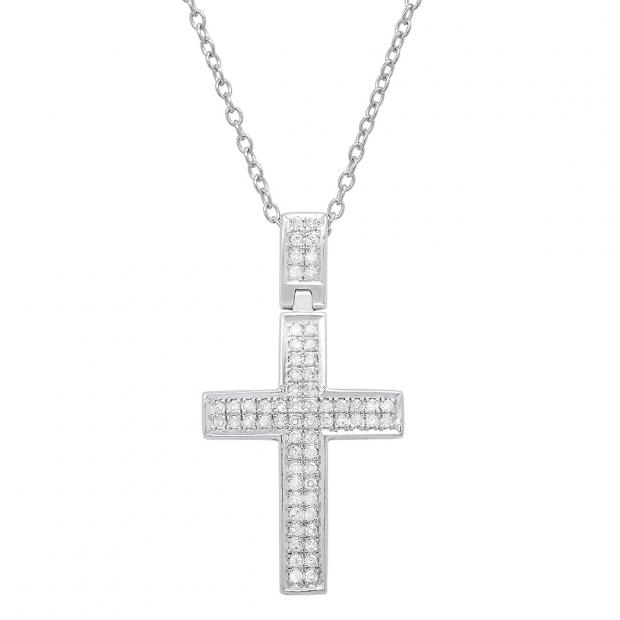 0.30 Carat (ctw) Sterling Silver Round Diamond Cross Pendant 1/3 CT (Silver Chain Included)