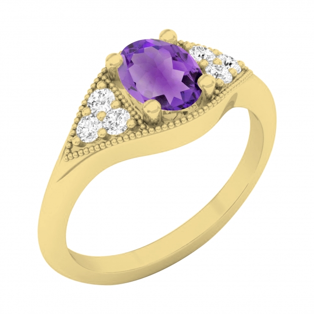 14K Yellow Gold 7X5.4 MM Oval Amethyst & Round Diamond Ladies Bridal Engagement Ring
