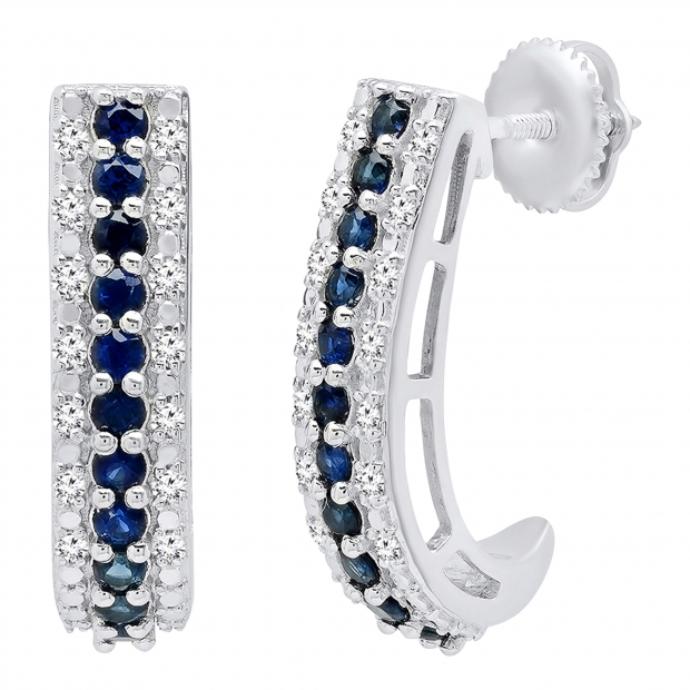 Sterling Silver Round Blue Sapphire & White Diamond Ladies Huggies Hoop Earrings