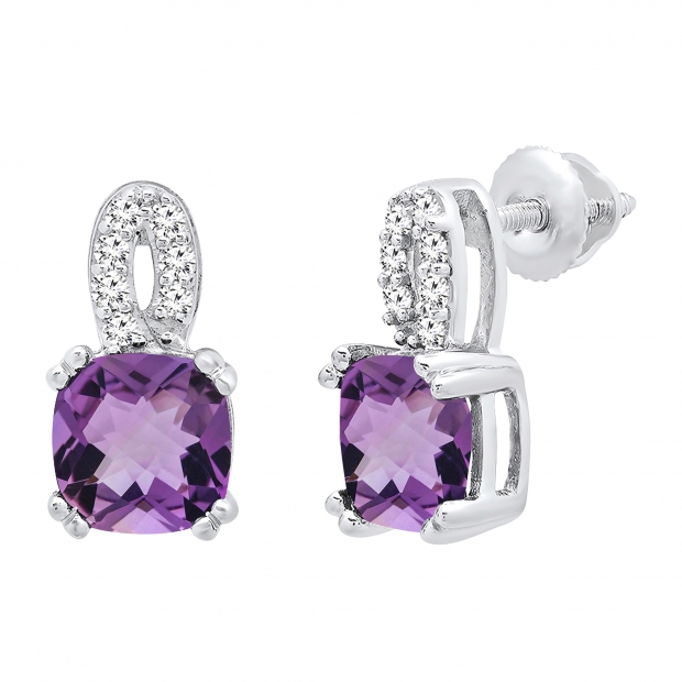 Sterling Silver 6 MM Each Cushion Amethyst & Round Diamond Ladies Infinity Drop Earrings