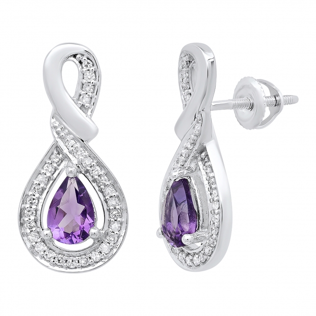 14K White Gold 6X4 MM Each Pear Amethyst & Round Diamond Ladies Drop Earrings