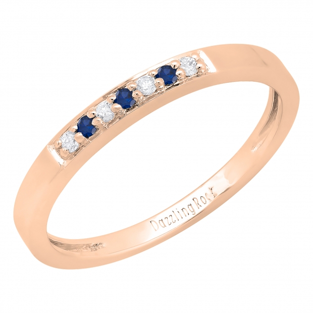 10K Rose Gold Round Blue Sapphire & White Diamond Ladies Seven Stone Anniversary Wedding Band