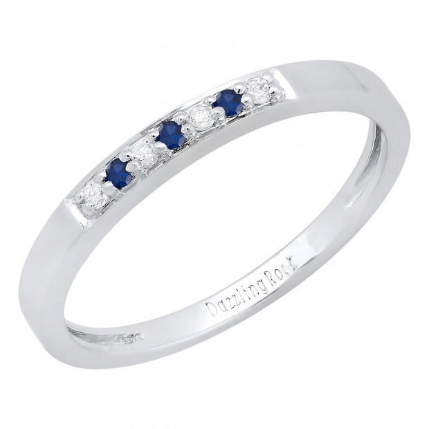 10K White Gold Round Blue Sapphire & White Diamond Ladies Seven Stone Anniversary Wedding Band