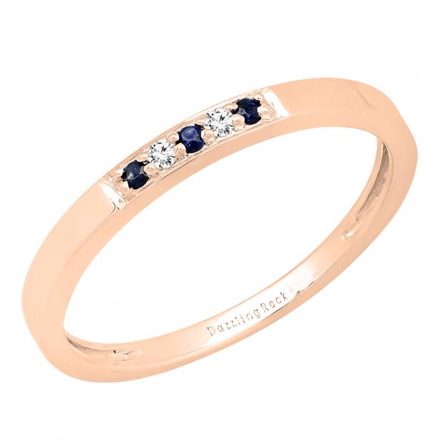 10K Rose Gold Round Blue Sapphire & White Diamond Ladies Five Stone Anniversary Wedding Band