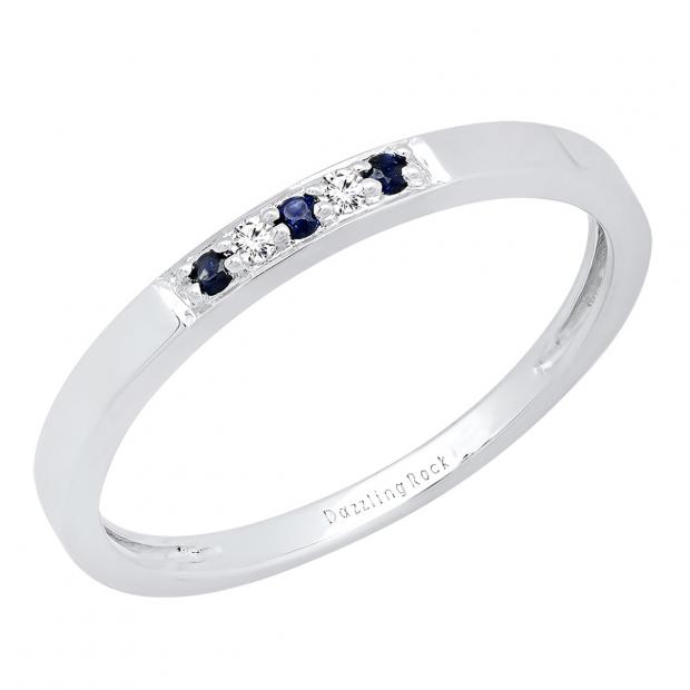 10K White Gold Round Blue Sapphire & White Diamond Ladies Five Stone Anniversary Wedding Band