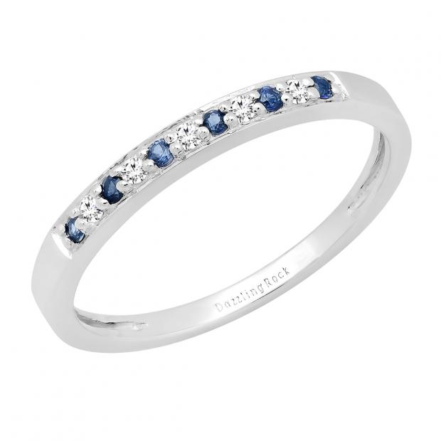 10K White Gold Round Blue Sapphire & White Diamond Ladies Anniversary Wedding Band