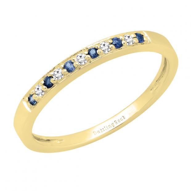 14K Yellow Gold Round Blue Sapphire & White Diamond Ladies Anniversary Wedding Band