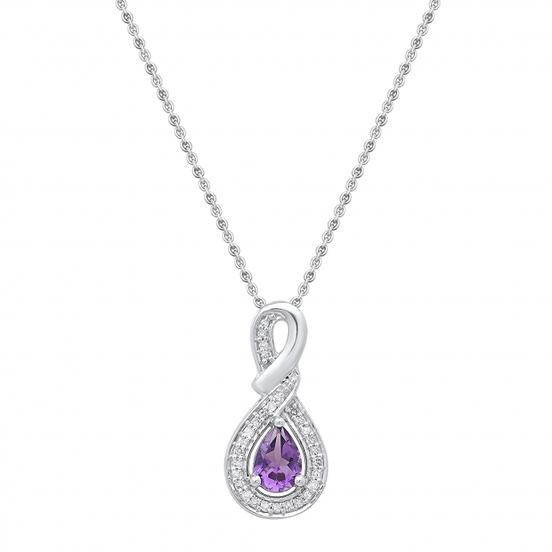 10K White Gold 7X5 MM Pear Amethyst & Round Diamond Ladies Pendant (Silver Chain Included)