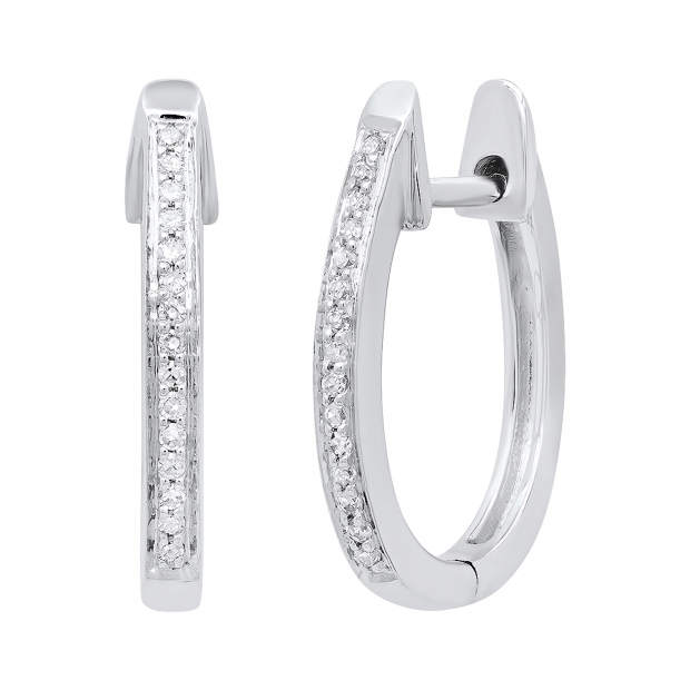 0.10 Carat (ctw) 10K White Gold Round White Diamond Ladies Huggies Hoop Earrings 1/10 CT