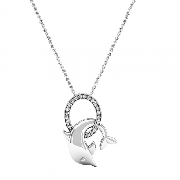 0.10 Carat (ctw) 10K White Gold Round Diamond Ladies Dolphin Pendant 1/10 CT (Silver Chain Included)