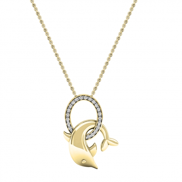 0.10 Carat (ctw) 10K Yellow Gold Round Diamond Ladies Dolphin Pendant 1/10 CT (Gold Chain Included)