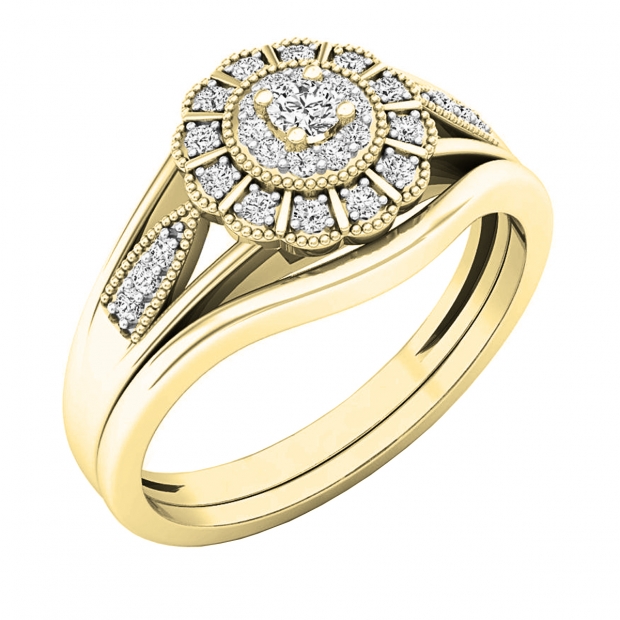 0.35 Carat (ctw) 10K Yellow Gold Round White Diamond Halo Ladies Fashion Wedding Ring Set 1/3 CT