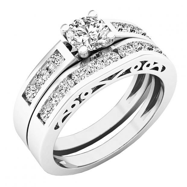 1.20 Cttw Round White Diamond Filigree Grooved Engagement Ring Set for Women in 18K Solid White Gold