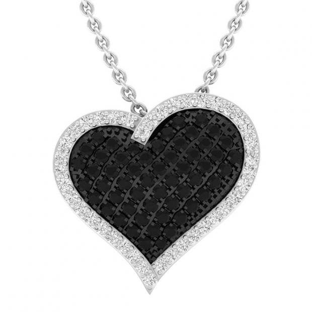 0.80 Carat (ctw) 14K White Gold Round Black & White Diamond Ladies Heart Pendant 3/4 CT