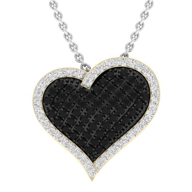 0.80 Carat (ctw) 14K Yellow Gold Round Black & White Diamond Ladies Heart Pendant 3/4 CT